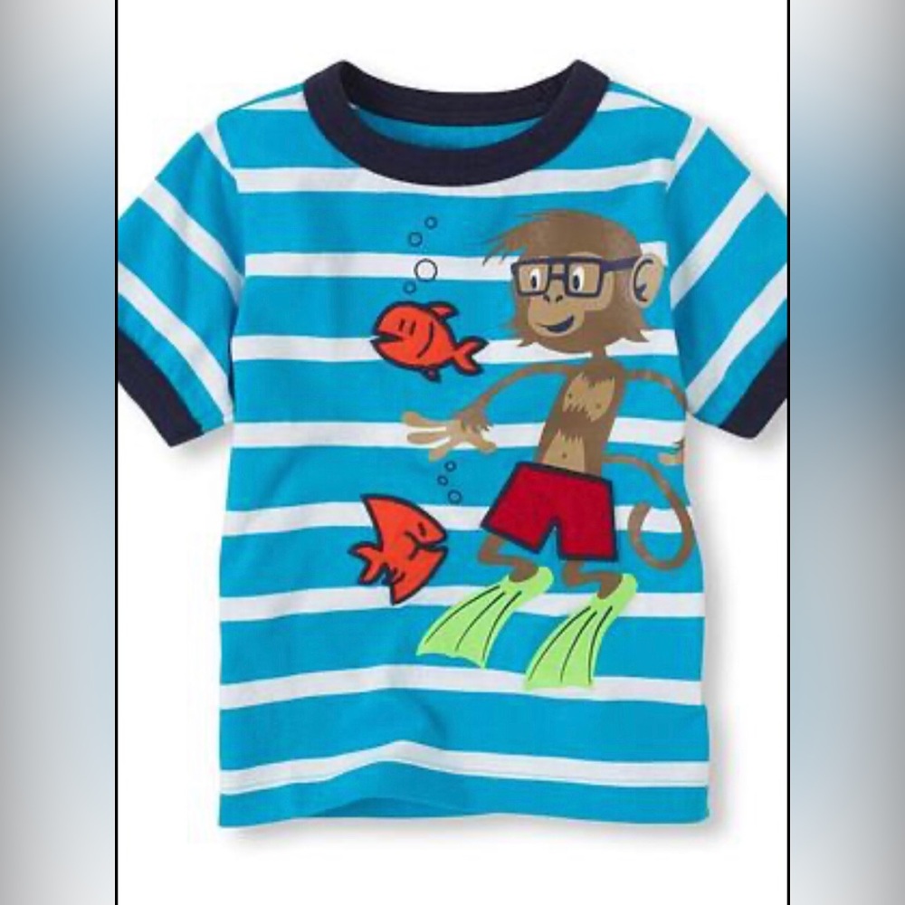 The Children's Place Blue White Striped Monkey Graphic Tee